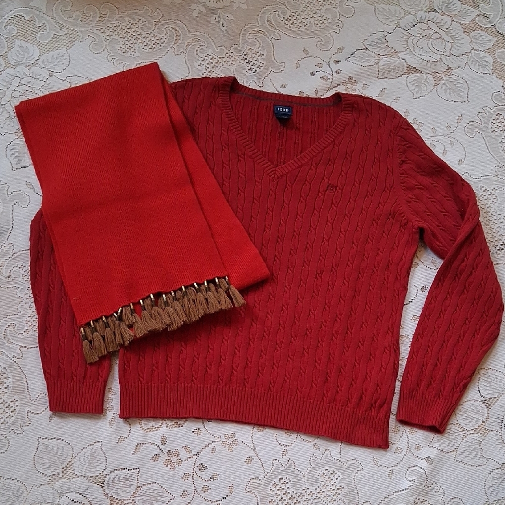 IZOD Dark Red Cable Knit 100 % Cotton Sweater Sz XL